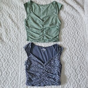 Hollister Green and Blue Ruched Cap Sleeve Crop Blouses